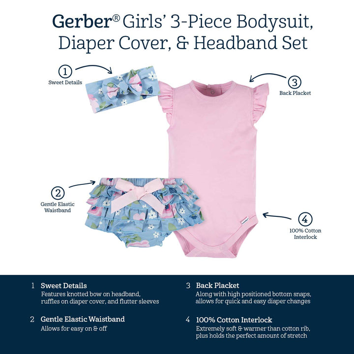 3-Piece Baby Girls Periwinkle Garden Onesies® Bodysuit, Diaper Cover & Headband Set