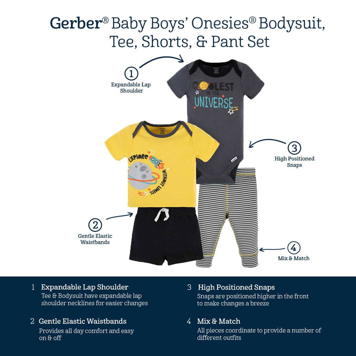 4-Piece Baby Boys Blast Off Onesies® Bodysuit, Tee, Shorts & Pant Set
