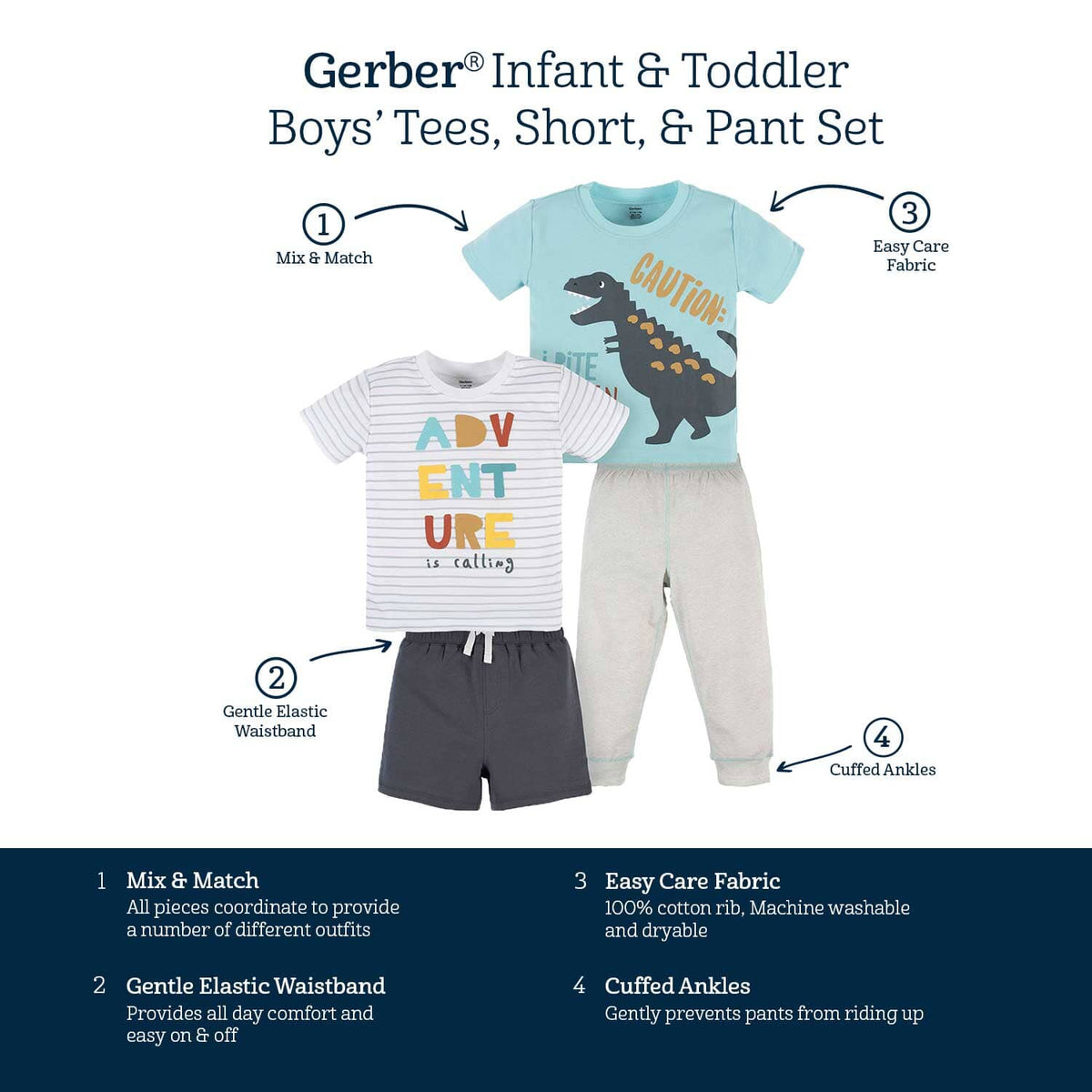 4-Piece Infant & Toddler Boys Dino Blues Tees, Shorts & Pants Set