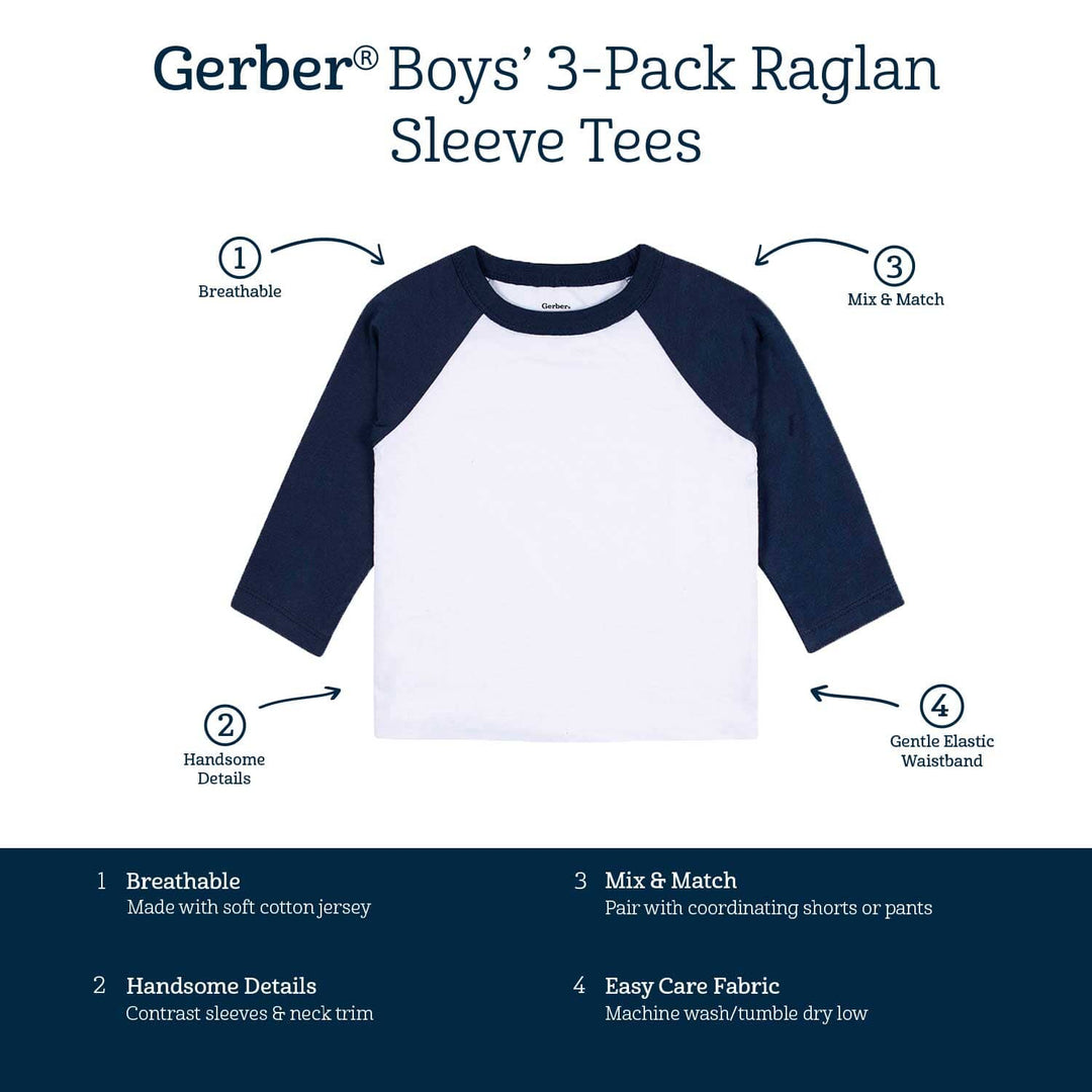 3-Pack Baby & Toddler Boys Royal Blues Long Sleeve Baseball Tees