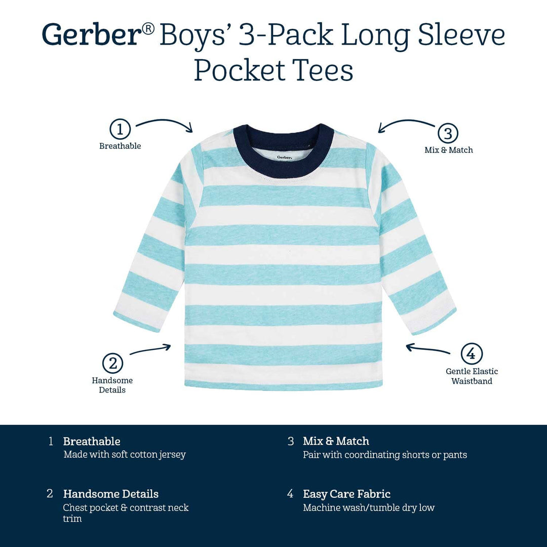 3-Pack Baby & Toddler Boys Royal Blues Long Sleeve Pocket Tees