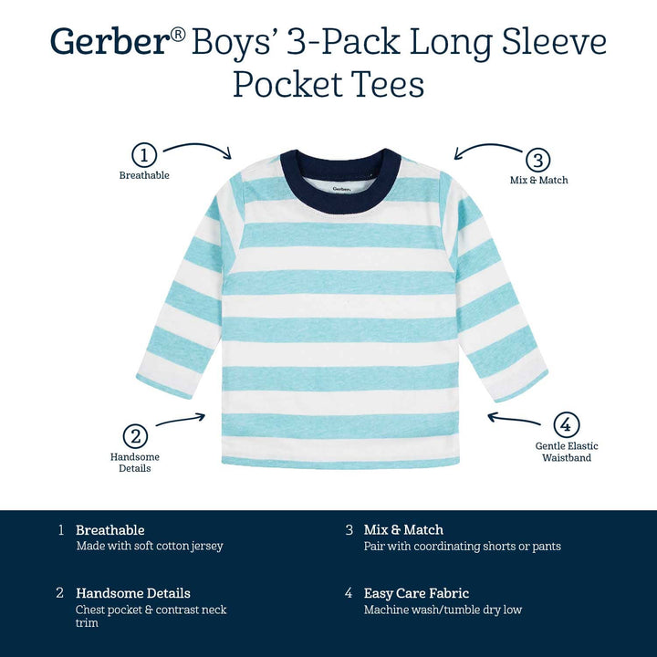 3-Pack Baby & Toddler Boys Royal Blues Long Sleeve Pocket Tees
