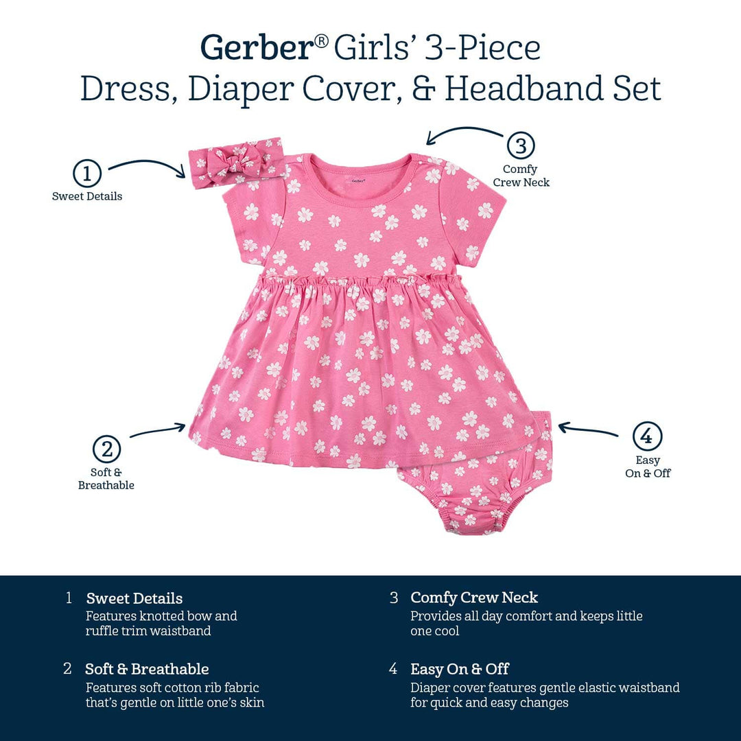 3-Piece Baby & Toddler Girls Summer Blossom Dress, Diaper Cover & Headband Set