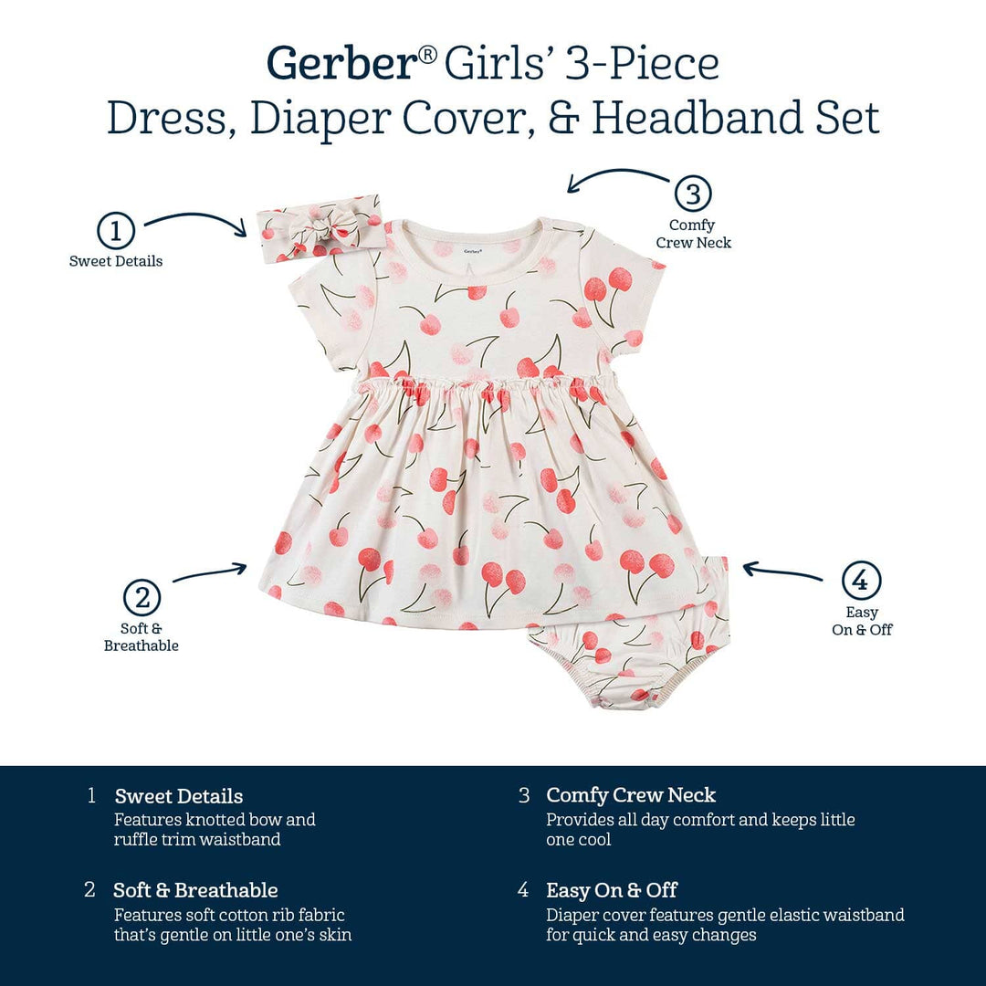 3-Piece Baby & Toddler Girls Cherry Kisses Dress, Diaper Cover & Headband Set