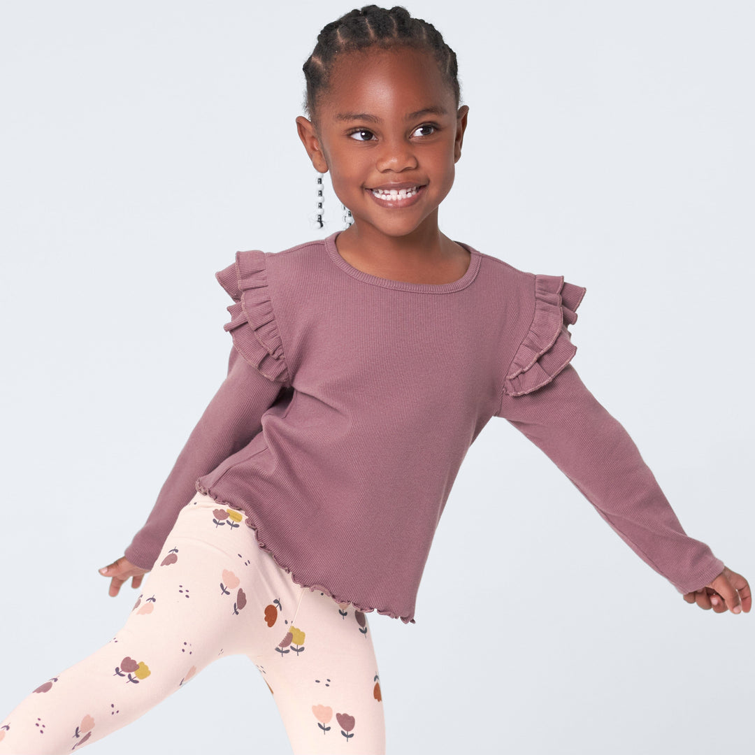 2-Pack Infant & Toddler Girls Burgundy Floral Double Ruffle Tops