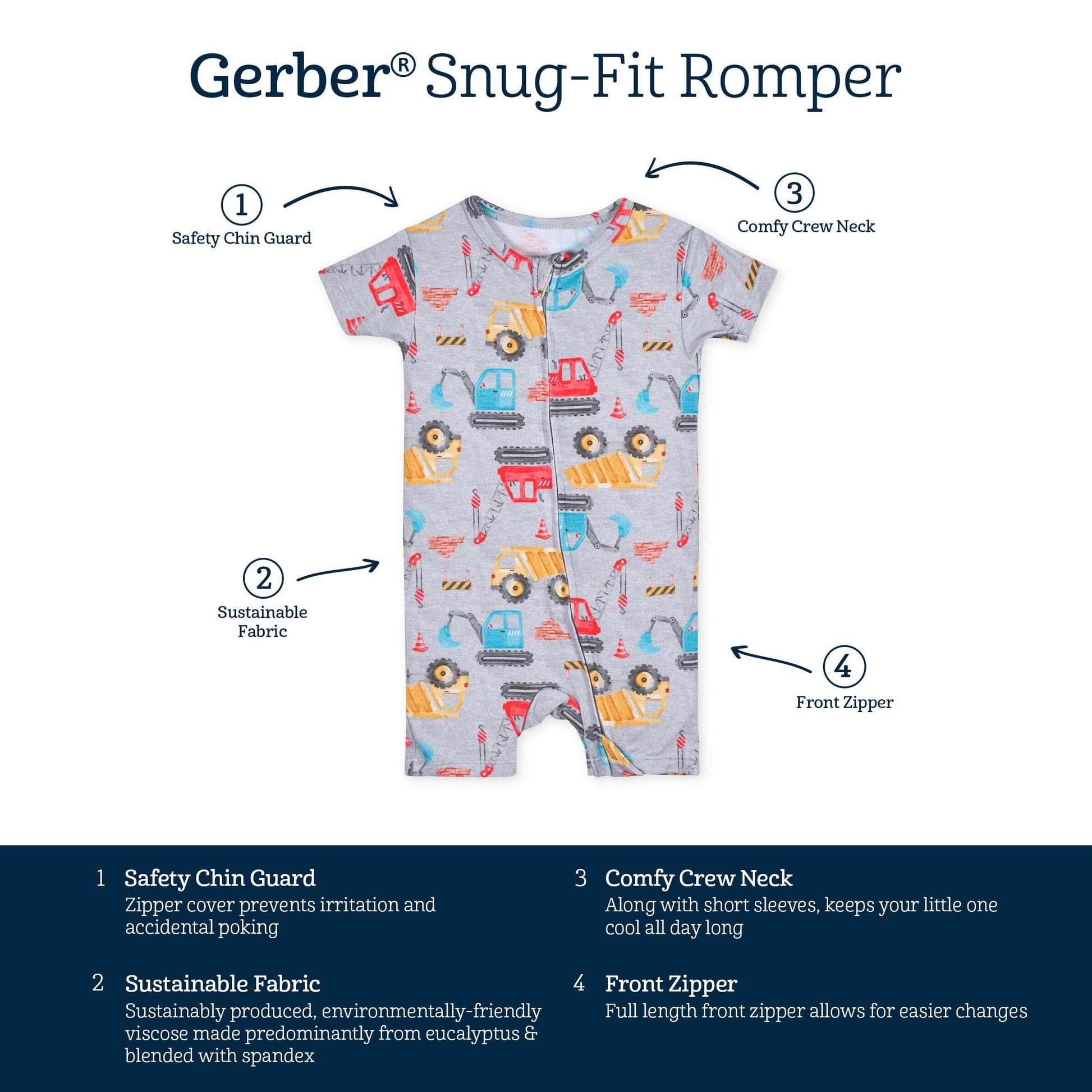Baby Boys Construction Trucks Buttery-Soft Viscose Made from Eucalyptus Snug Fit Romper