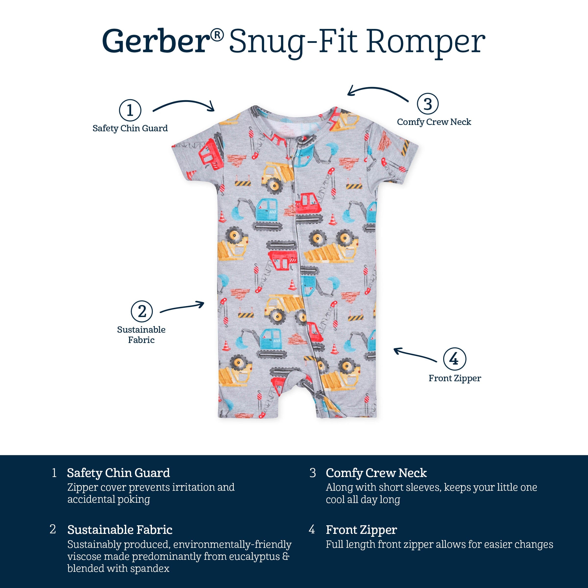 Baby Boys Construction Trucks Buttery-Soft Viscose Made from Eucalyptus Snug Fit Romper