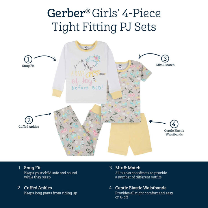 4-Piece Infant & Toddler Girls Yellow Garden Snug Fit Cotton Pajamas