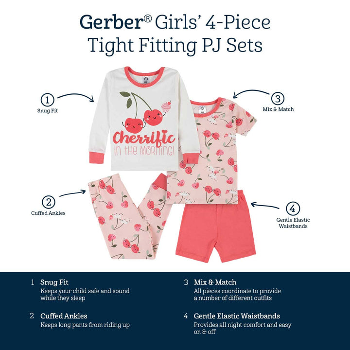 4-Piece Infant & Toddler Girls Cherry Kisses Snug Fit Cotton Pajamas