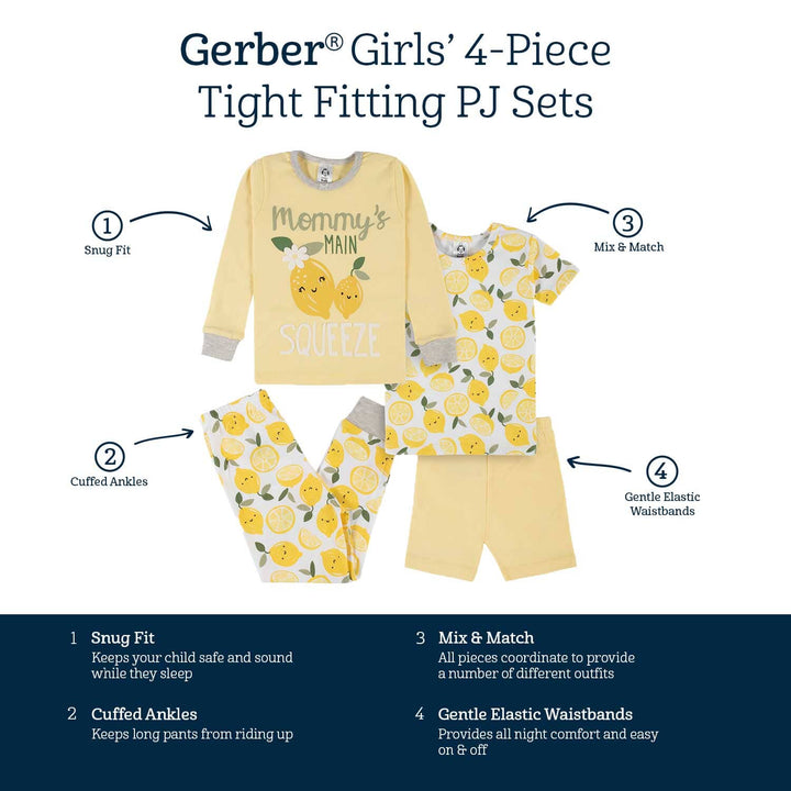 4-Piece Infant & Toddler Girls Lemon Squeeze Snug Fit Cotton Pajamas