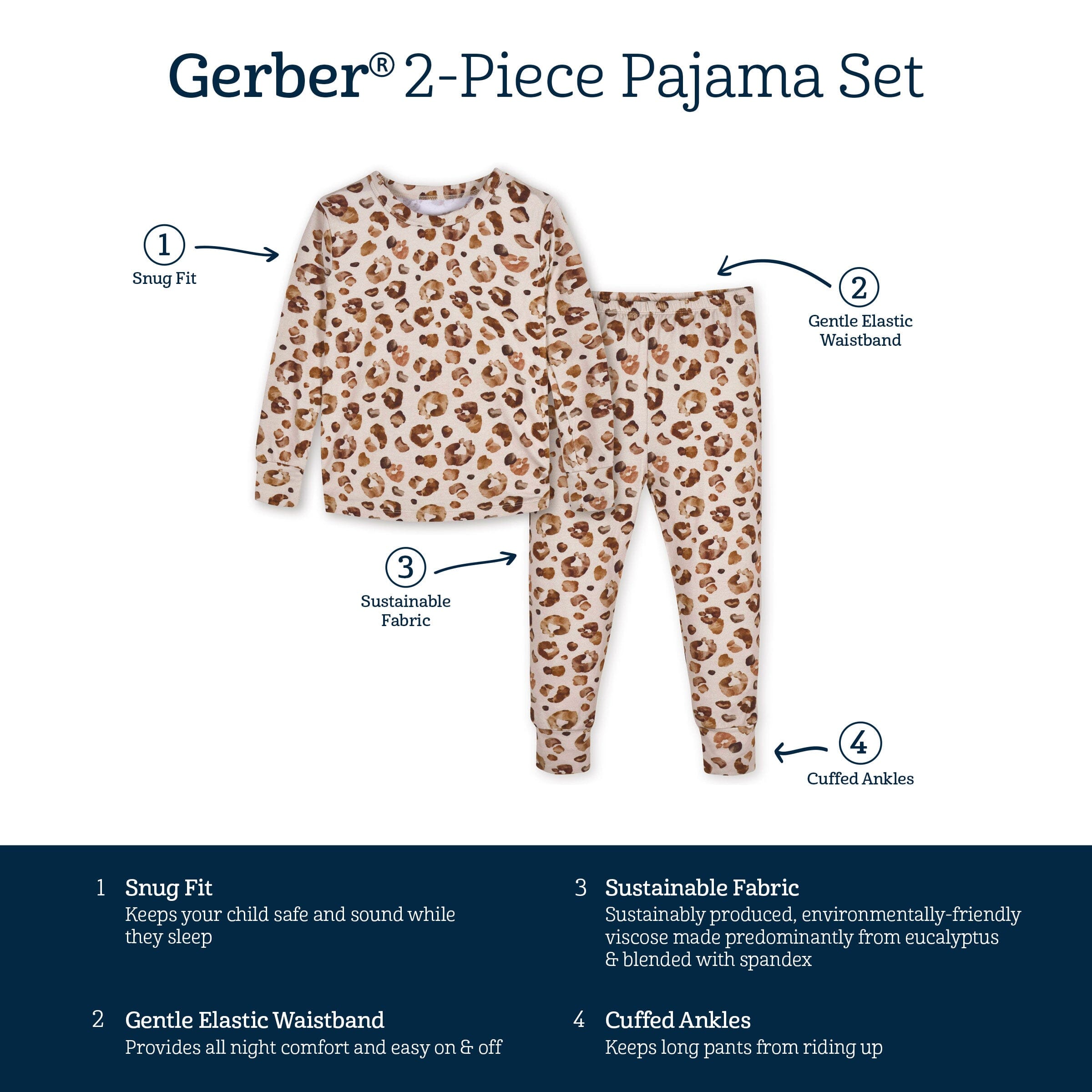 2-Piece Infant & Toddler Girls Leopard Buttery-Soft Viscose Made from Eucalyptus Snug Fit Pajamas
