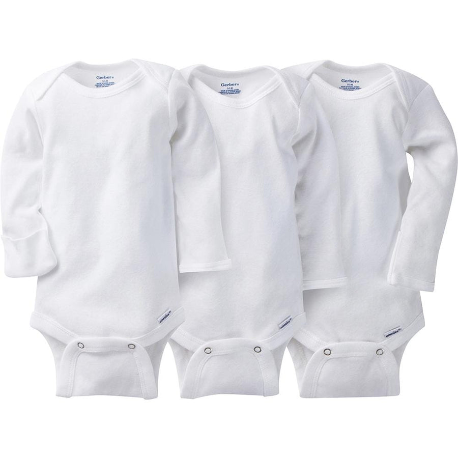 3-Pack White Long Sleeve Onesies® Bodysuits with Mitten Cuffs-Gerber Childrenswear