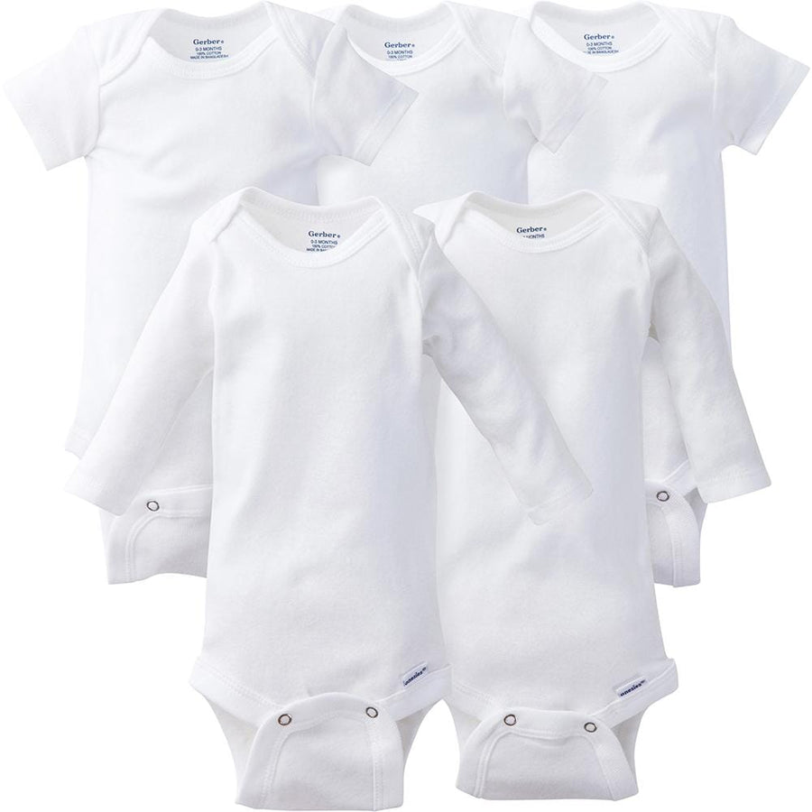 5-Piece White Assorted Long & Short-Sleeve Onesies® Bodysuits-Gerber Childrenswear