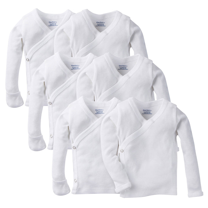 6-Pack Baby White Long-Sleeve Side-Snap Mitten-Cuff Shirts-Gerber Childrenswear