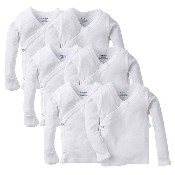 6-Pack Baby White Long-Sleeve Side-Snap Mitten-Cuff Shirts