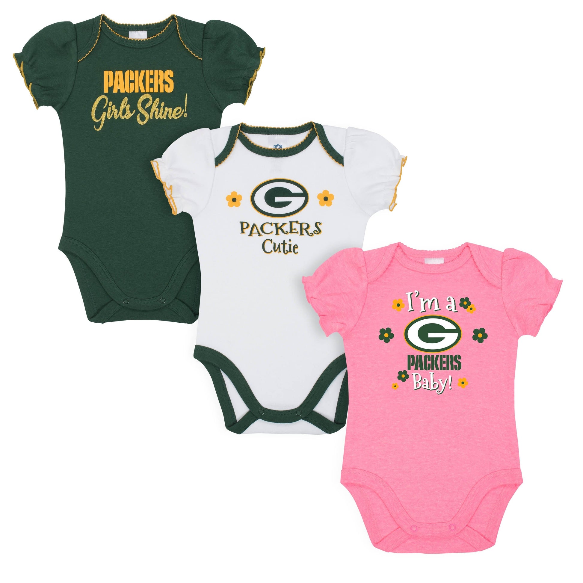 Baby Girls Green Bay Packers Short Sleeve Bodysuit, 3-pack-Gerber Childrenswear