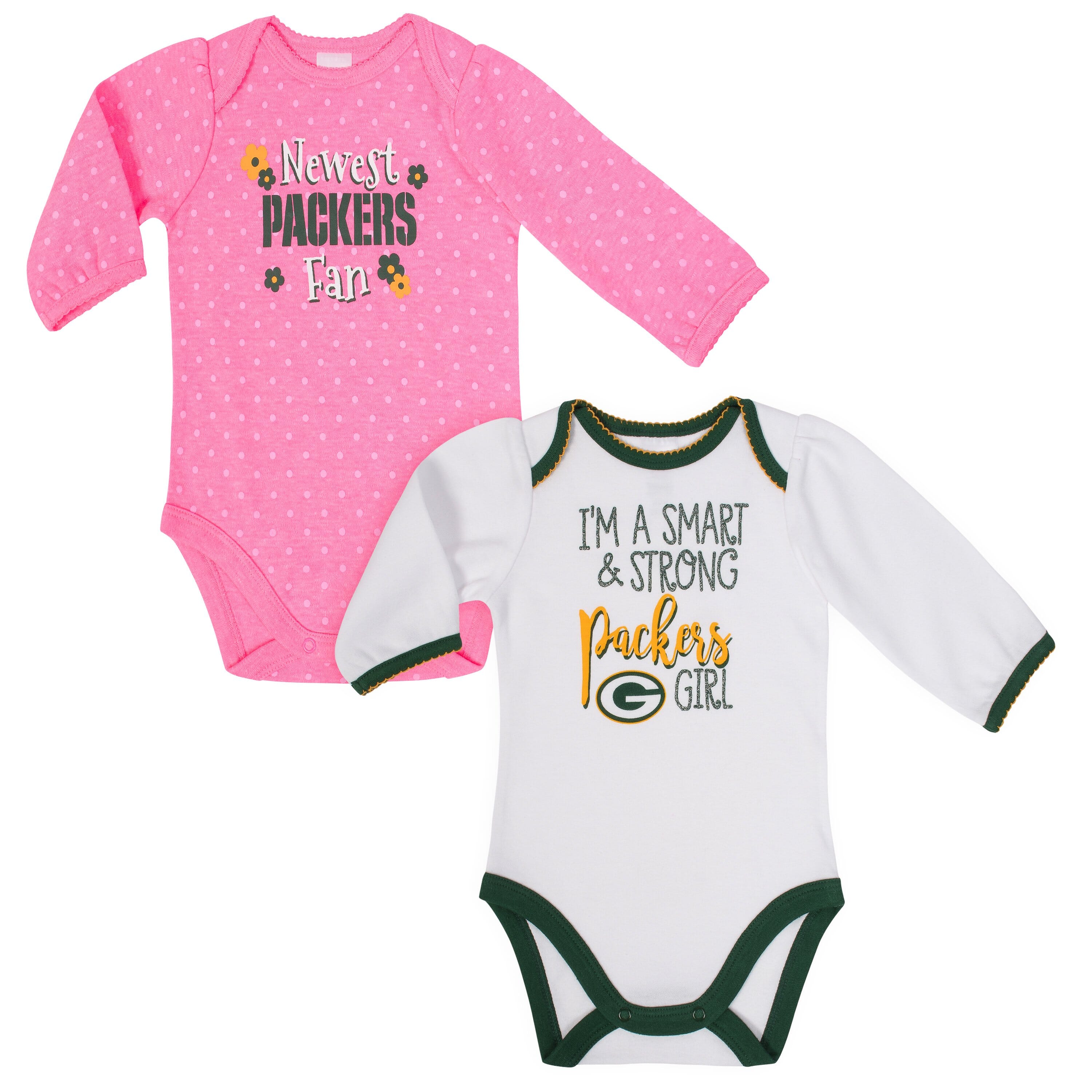 Green Bay Packers Baby Girl Long Sleeve Bodysuit, 2-pack – Gerber ...