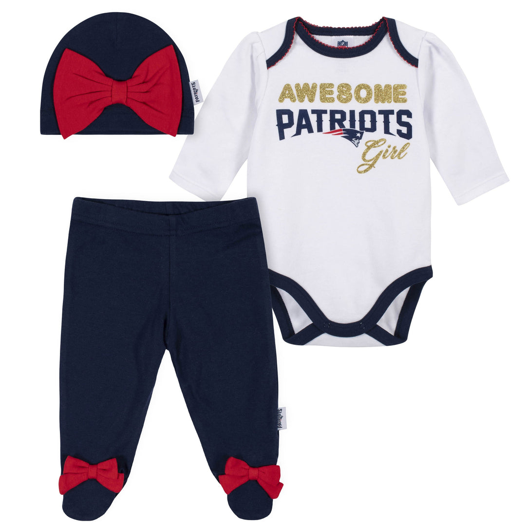 Baby Girls New England Patriots 3-Piece Bodysuit, Pant, and Cap Set-Gerber Childrenswear