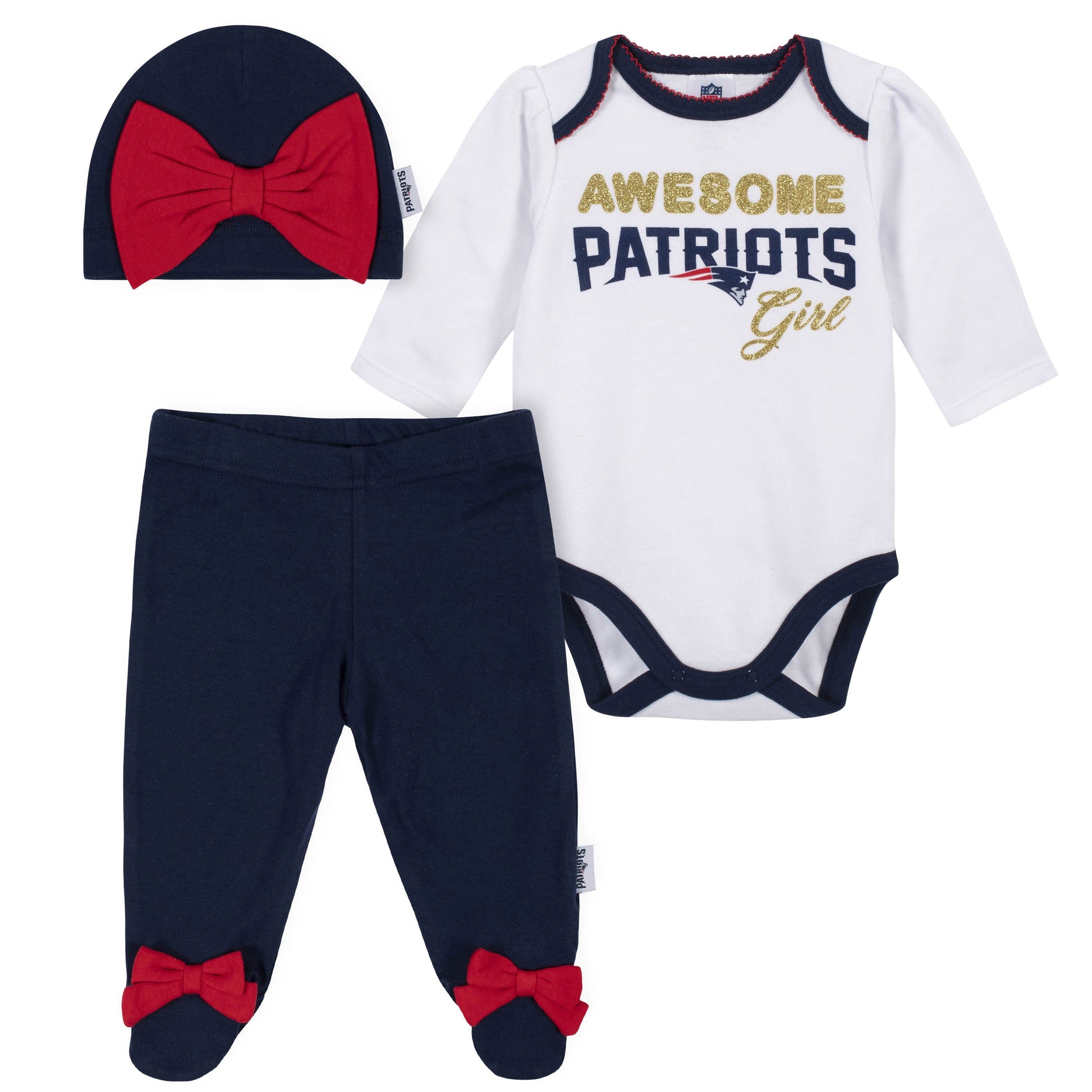 Baby Girls New England Patriots 3-Piece Bodysuit, Pant, and Cap Set-Gerber Childrenswear