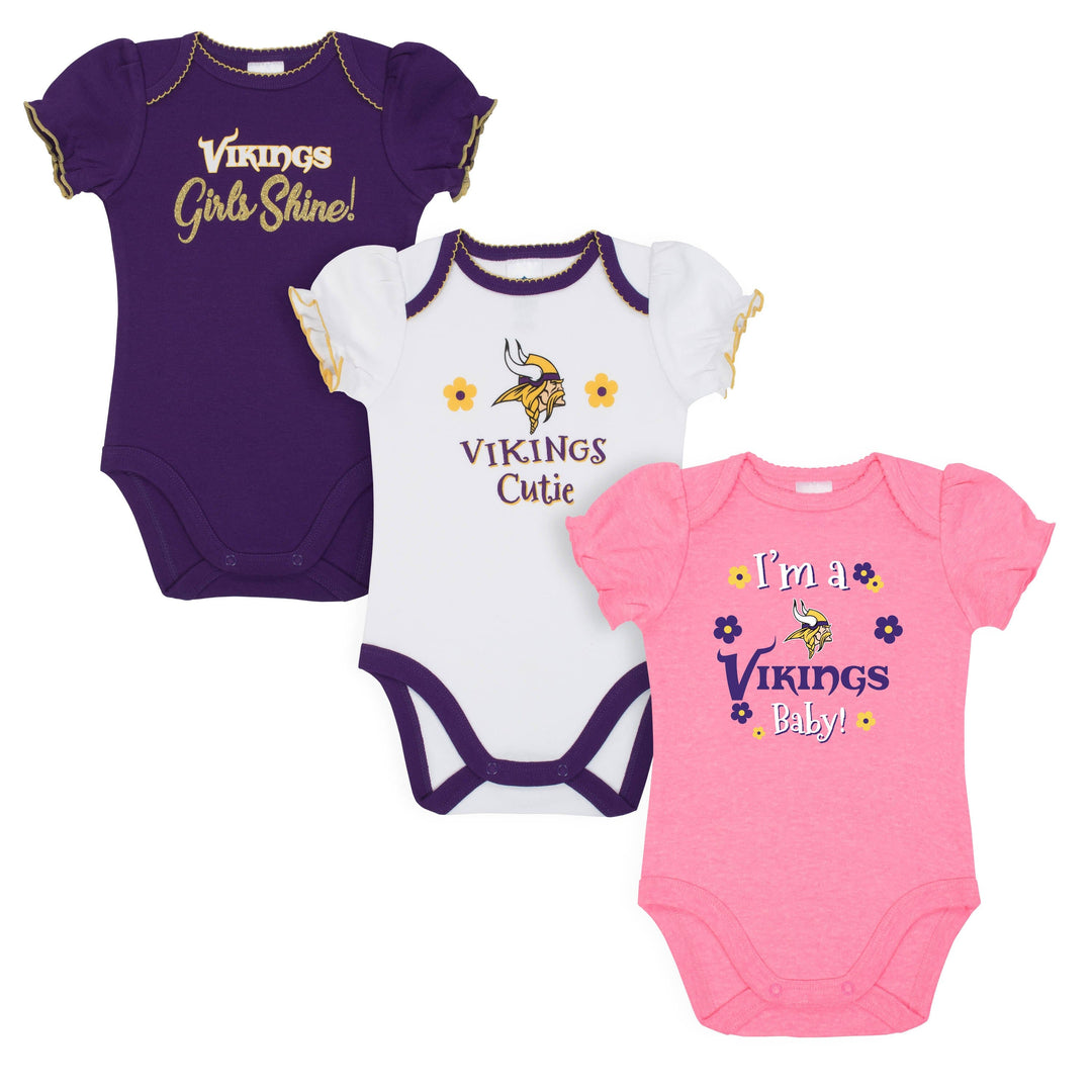 Minnesota Vikings Baby Girl Short Sleeve Bodysuit, 3-pack -Gerber Childrenswear