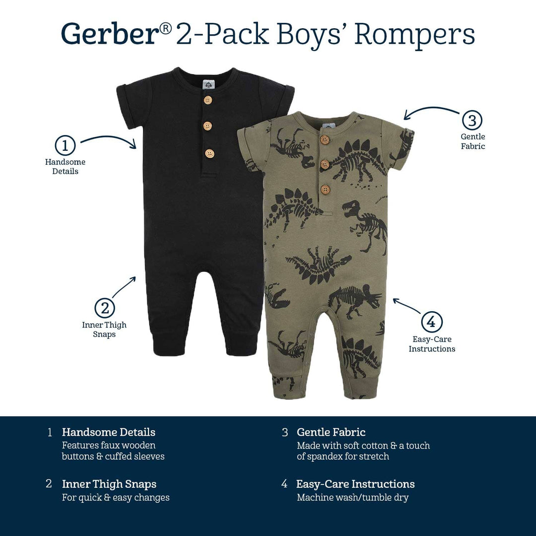 2-Pack Baby Boys Fossils & Black Short Sleeve Rompers