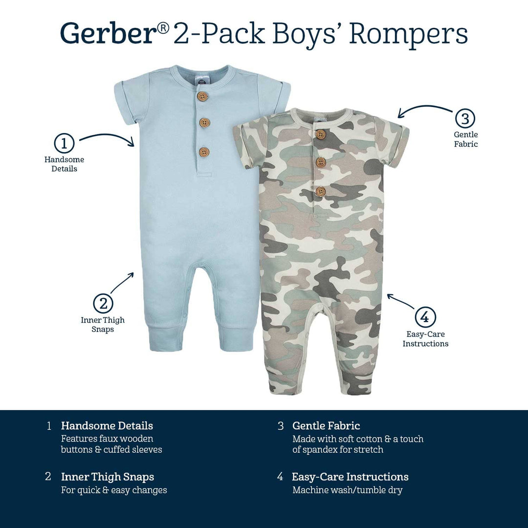 2-Pack Baby Boys Camo & Blue Short Sleeve Rompers
