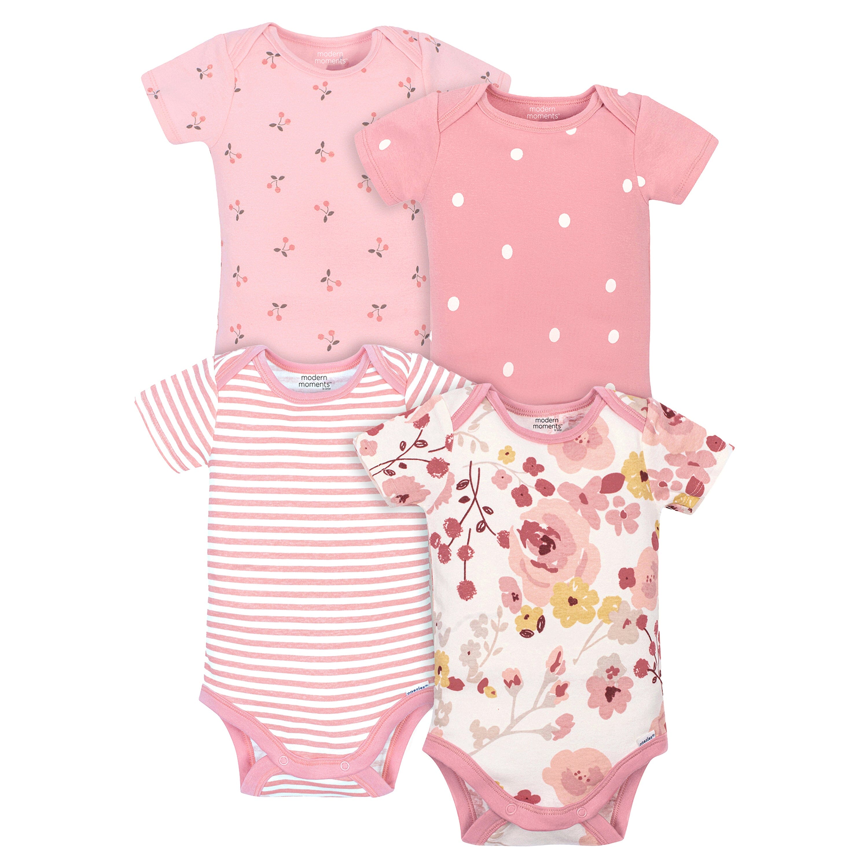 4-Pack Baby Girls Pink Floral Short Sleeve Onesies® Bodysuits – Gerber ...