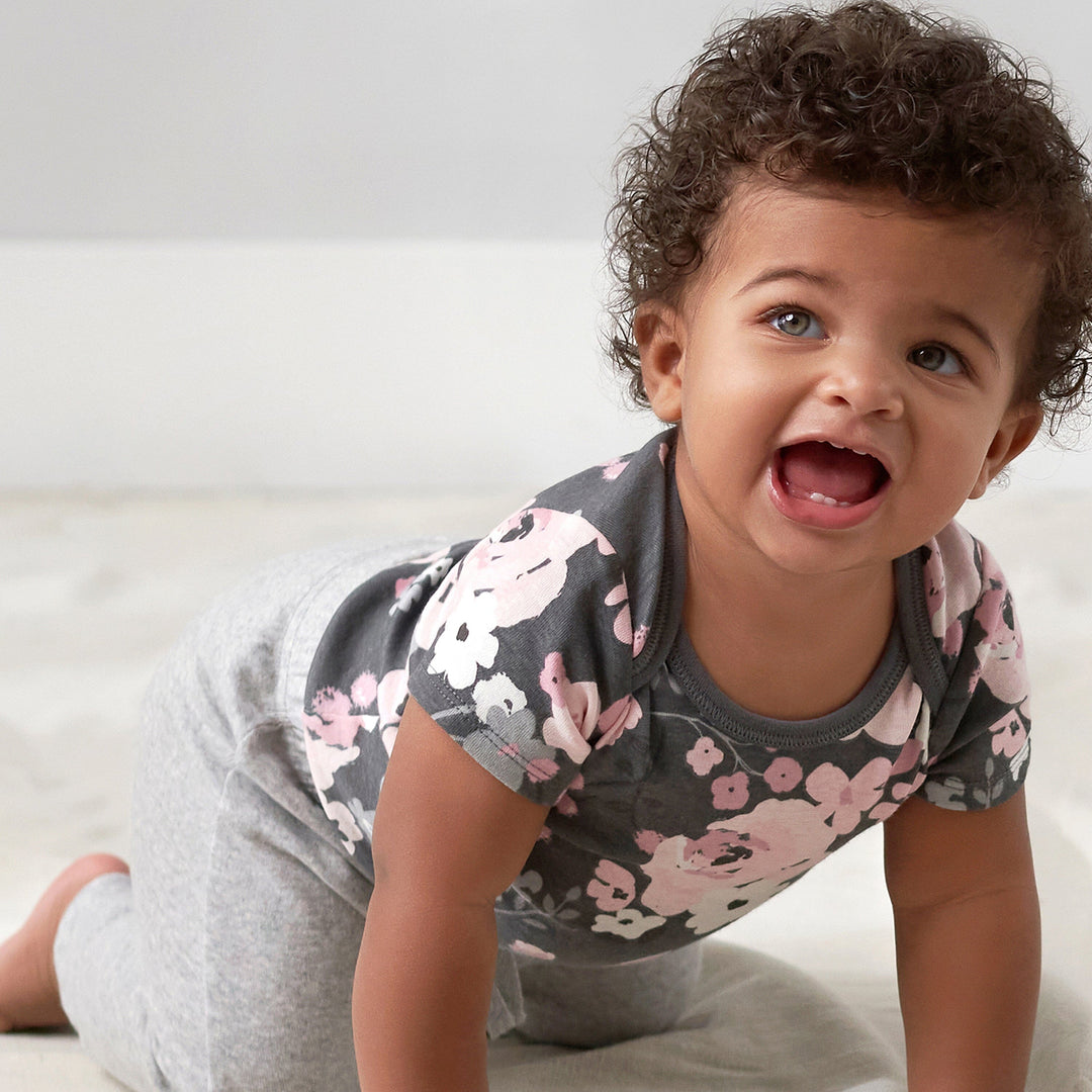 4-Pack Baby Girls Gray Floral Short Sleeve Onesies® Bodysuits