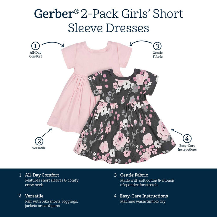 2-Pack Baby Girls Gray Floral Short Sleeve Dresses