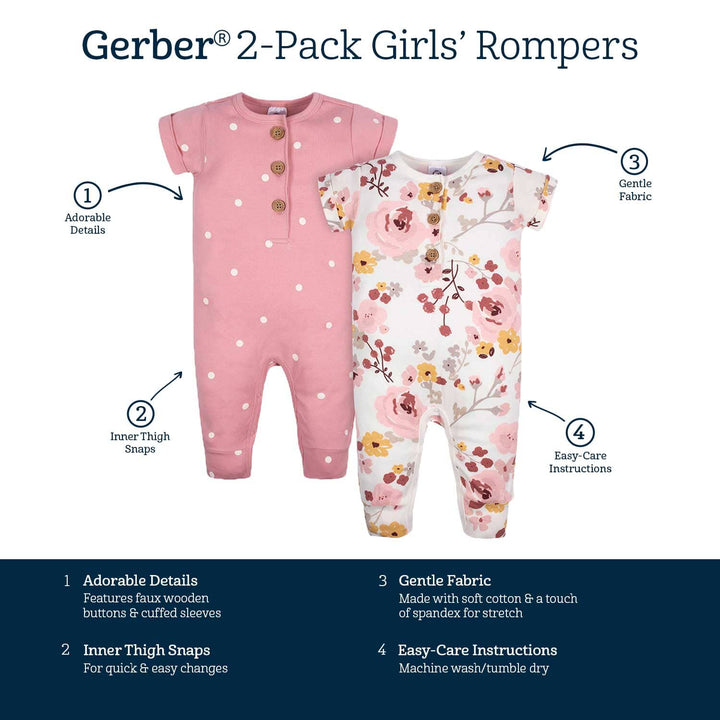 2-Pack Baby Girls Floral & Dots Short Sleeve Rompers