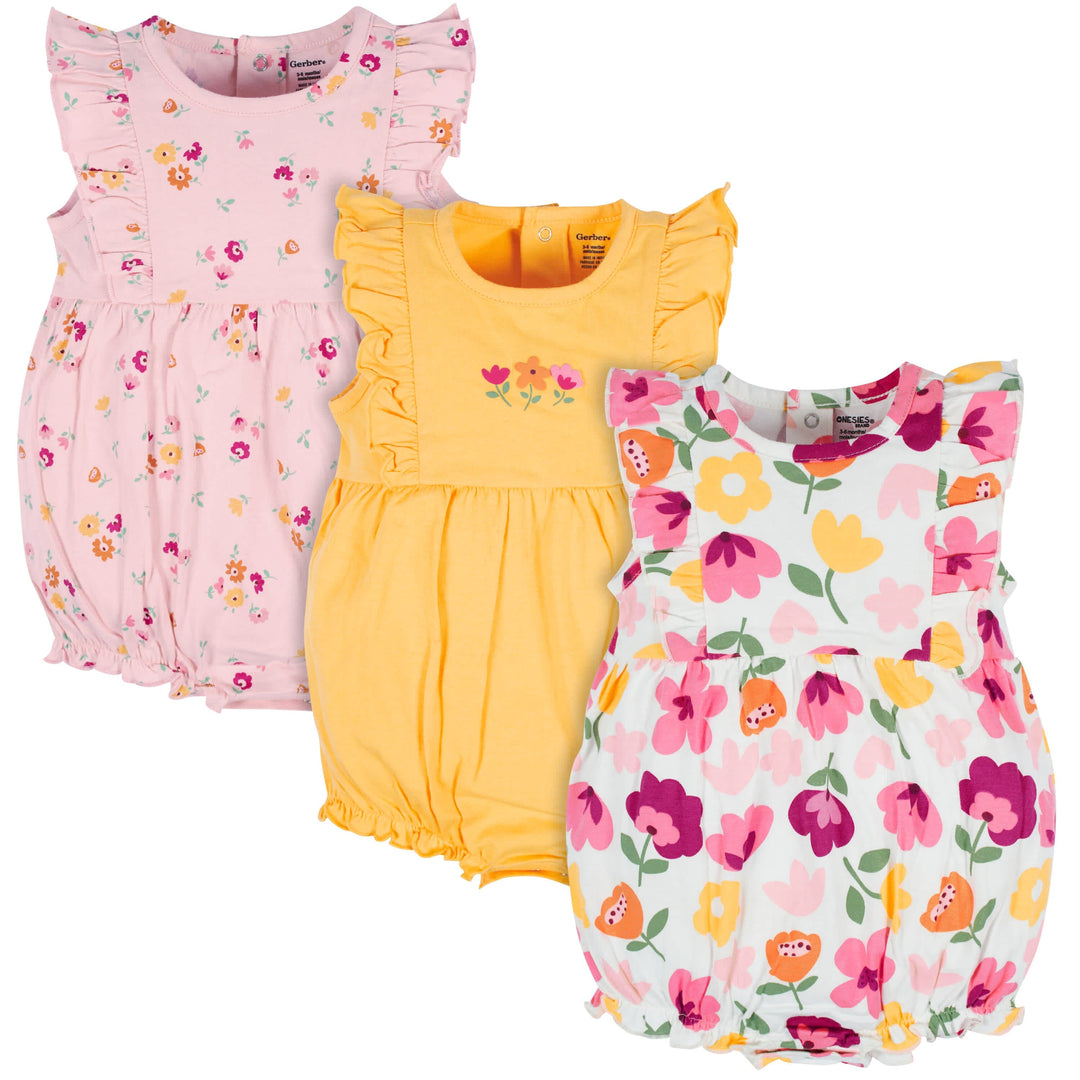 3-Pack Baby Girls Floral Fox Rompers – Gerber Childrenswear