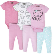 6-Piece Baby Girls Cat Onesies® Brand Bodysuits & Pants Set-Gerber Childrenswear