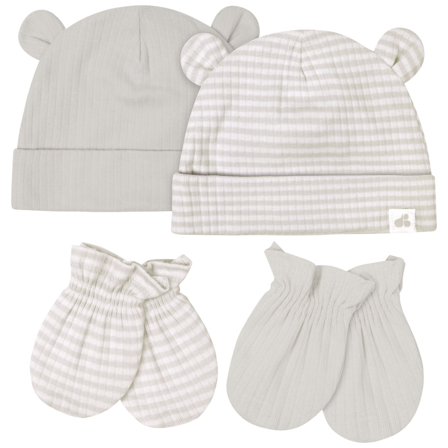 4-Piece Baby Neutral Natural Leaves Caps & Mittens Set