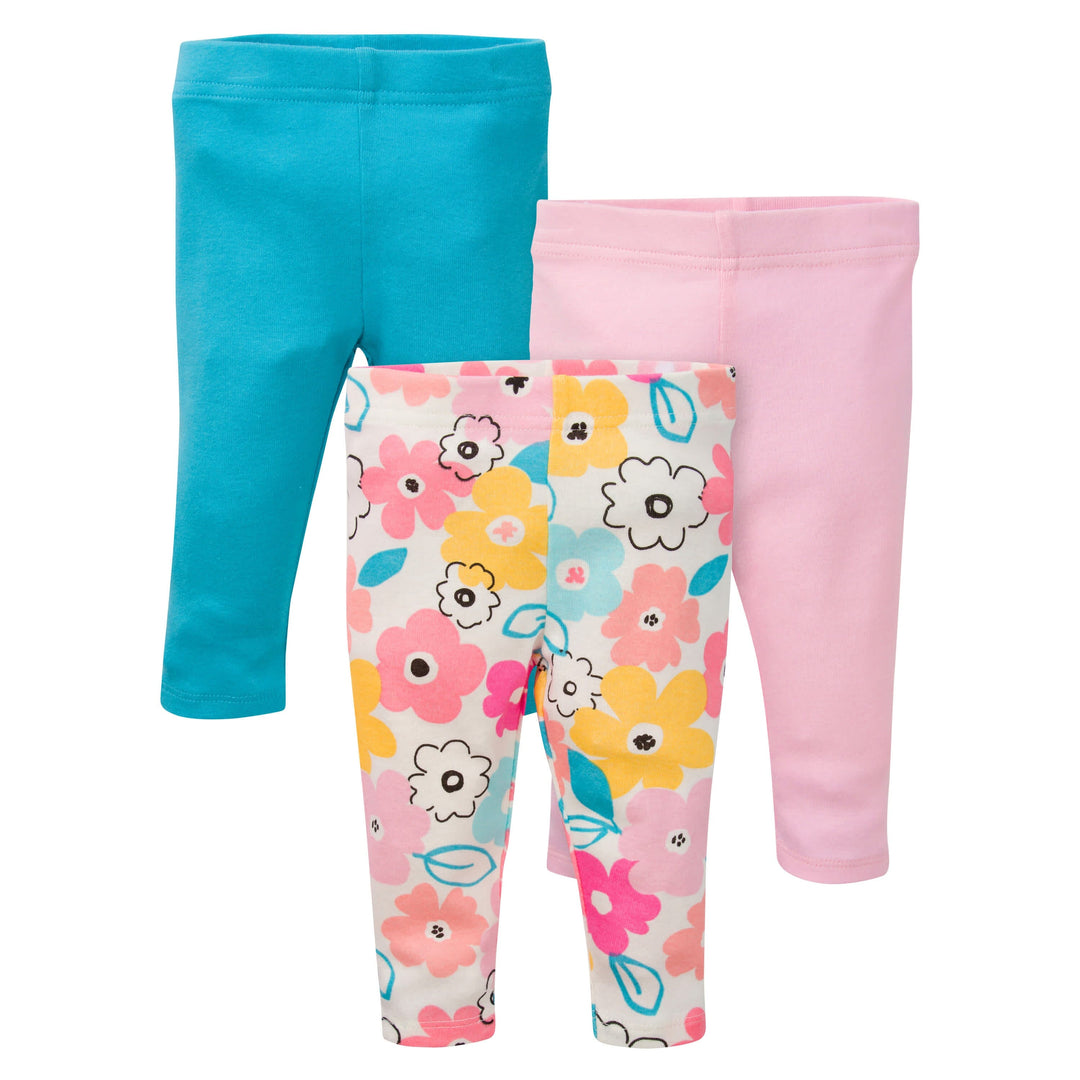 3-Pack Baby Girls Pink, Blue, & Floral Pants