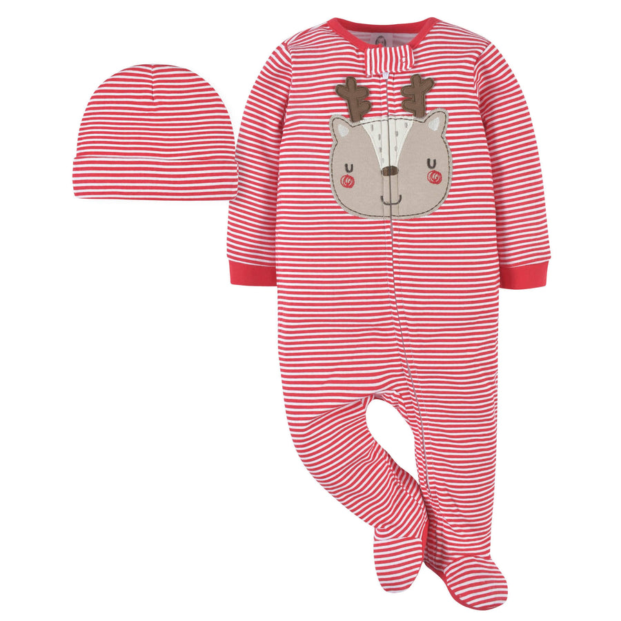 2-Piece Baby Neutral Reindeer Face Sleep 'n Play & Hat-Gerber Childrenswear
