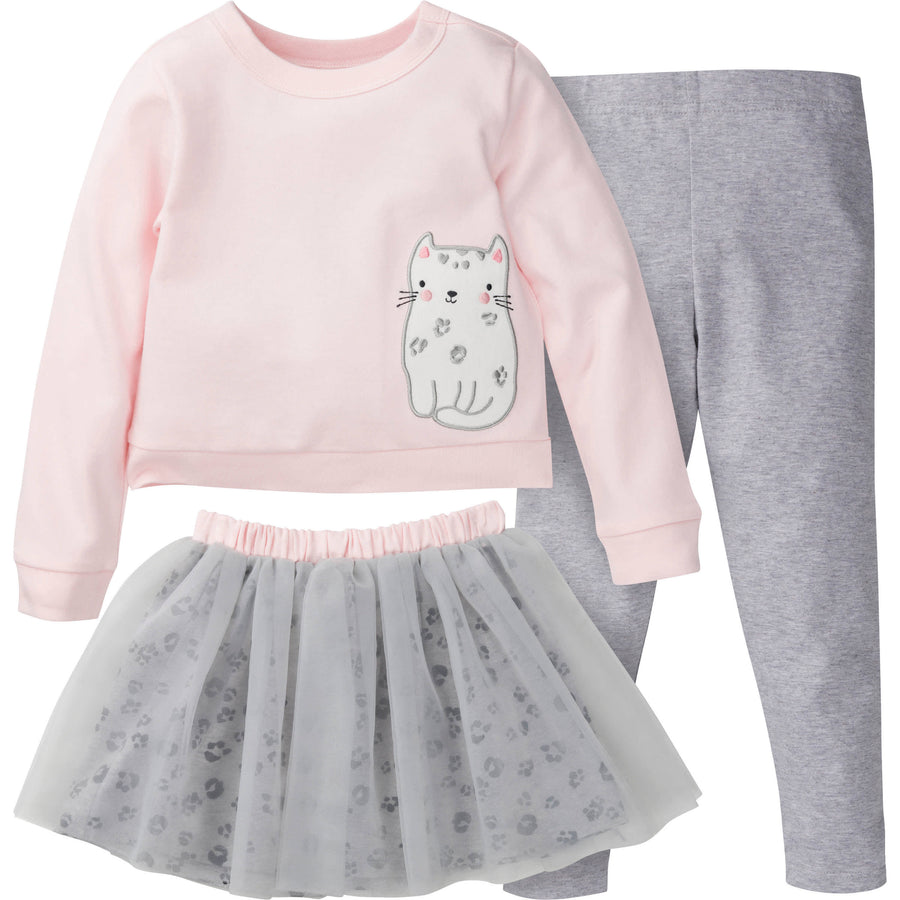 3-Piece Baby & Toddler Girls Purrfectly Cute French Terry Top, Tulle Tutu, & Legging Set-Gerber Childrenswear