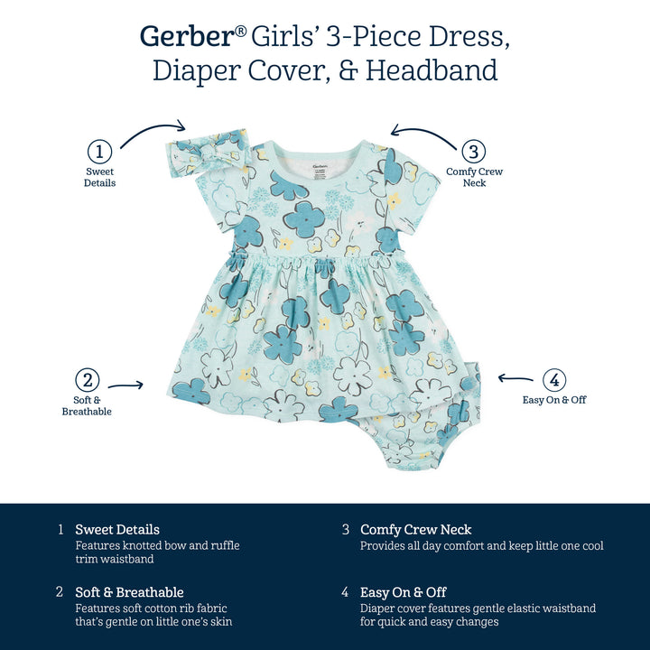 3-Piece Baby & Toddler Girls Bee Petals Dress, Diaper Cover & Headband Set
