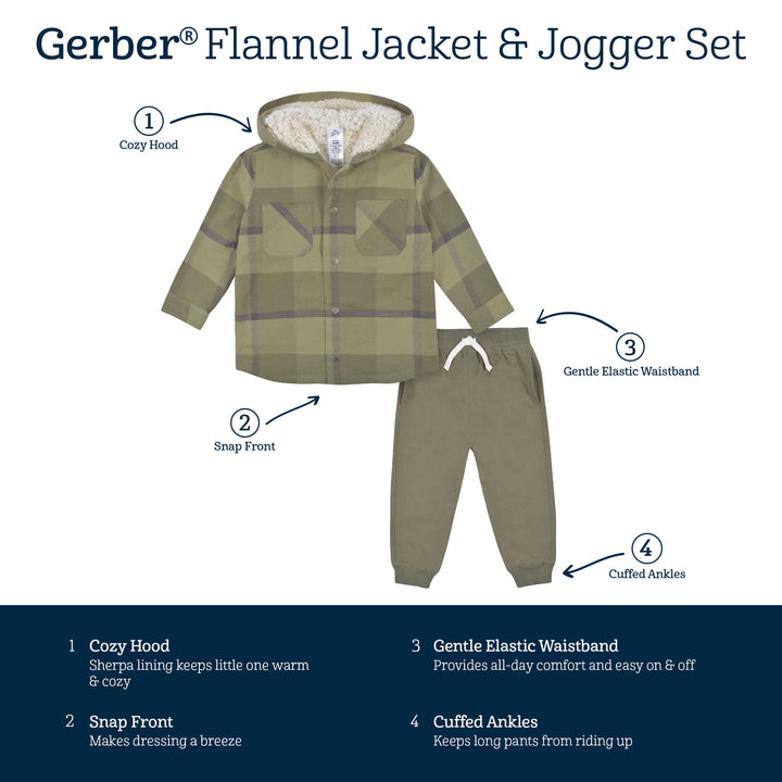 2-Piece Infant & Toddler Boys Sage Green Plaid Flannel Jacket & Jogger Set