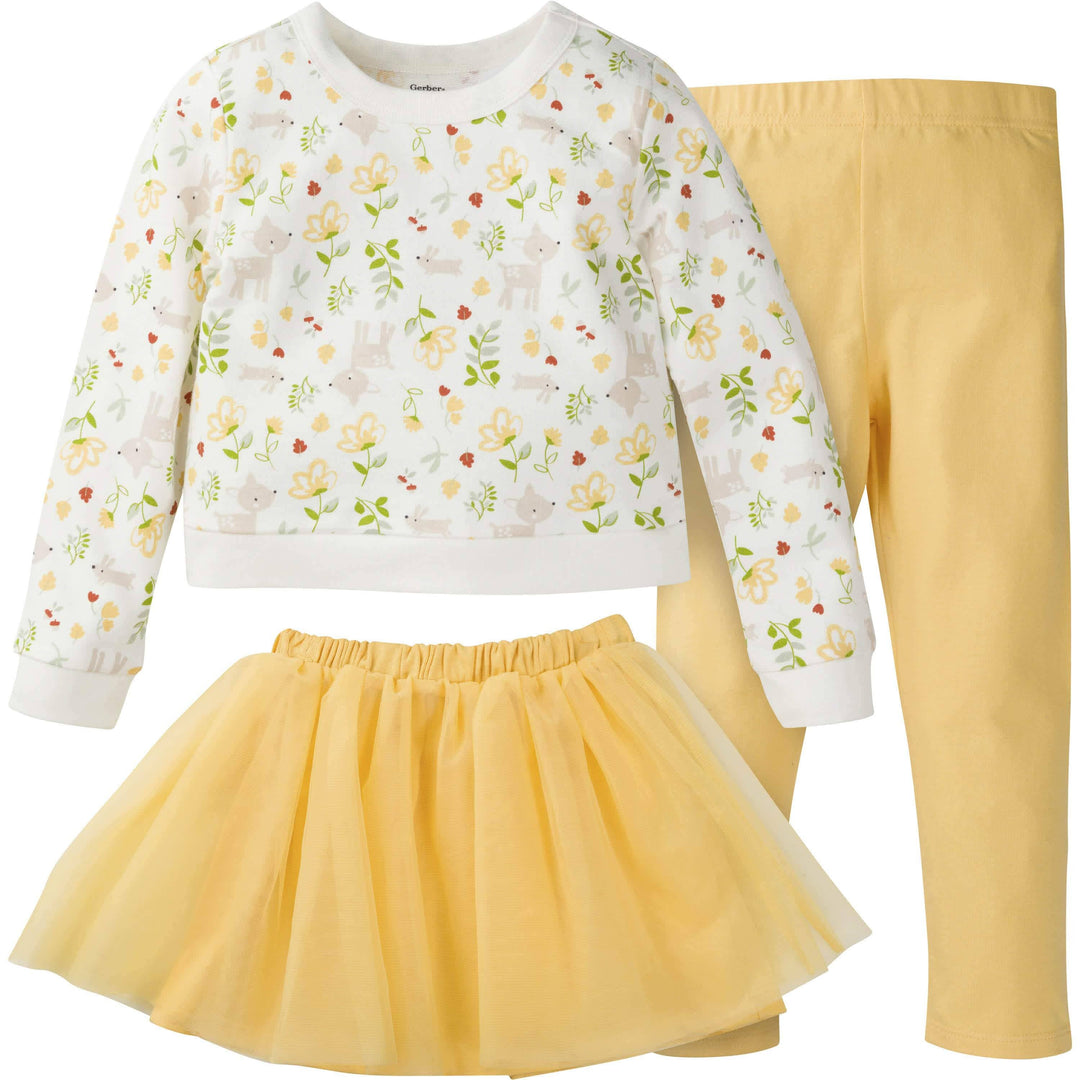 3-Piece Baby & Toddler Girls Floral Meadow French Terry Top, Tulle Tutu, & Legging Set-Gerber Childrenswear
