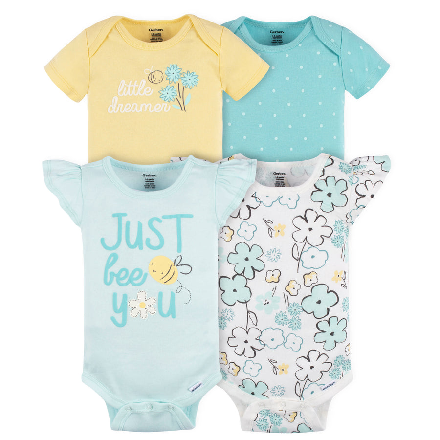 4-Pack Baby Girls Bee Petals Short Sleeve Onesies® Brand Bodysuits