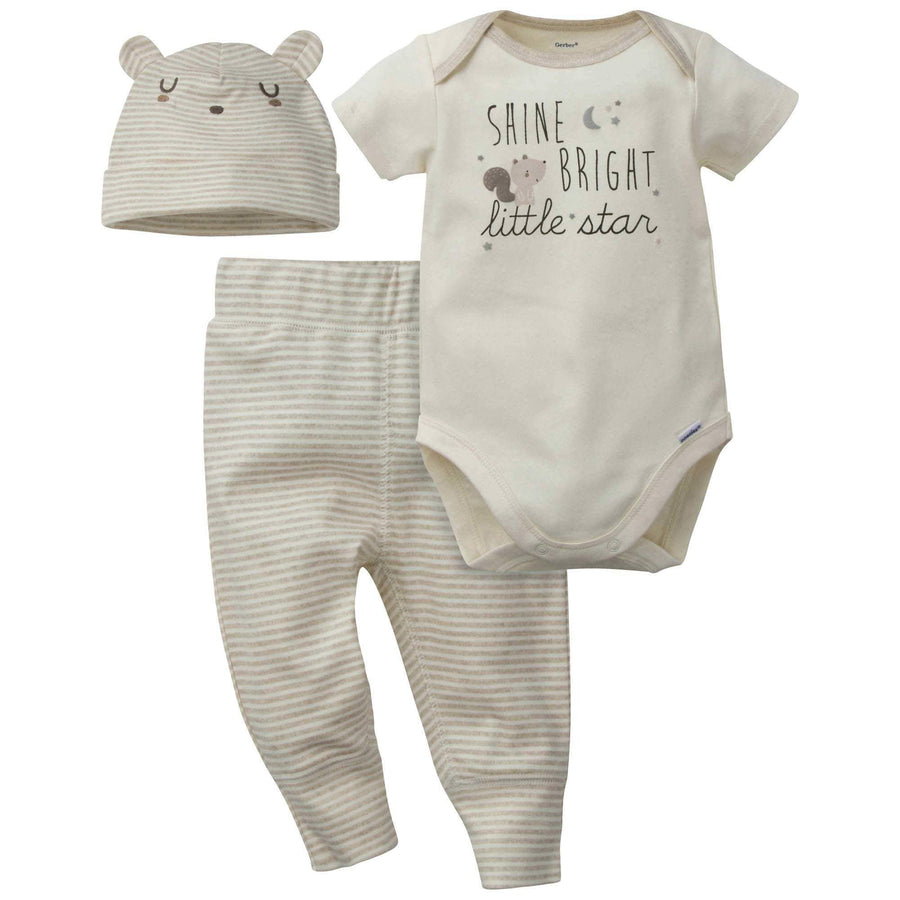 3-Piece Baby Boys Little Star Organic Onesies® Bodysuit, Pant & Cap Set-Gerber Childrenswear