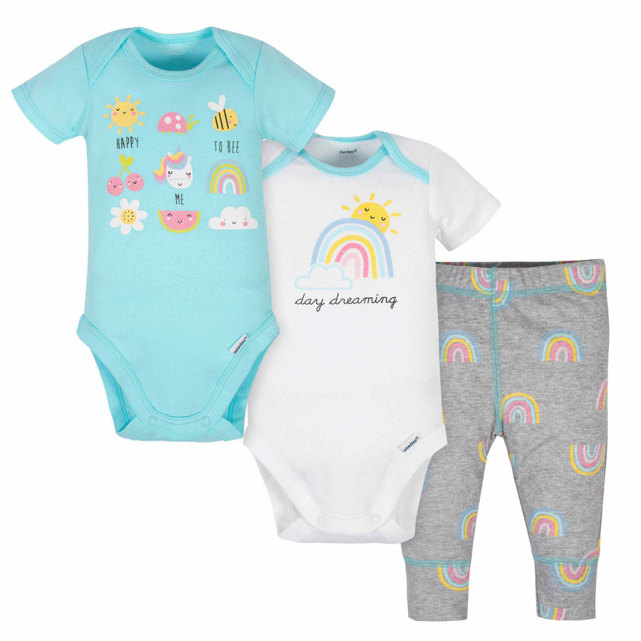 3-Piece Baby Girls Rainbow Onesies® Bodysuits and Pant Set
