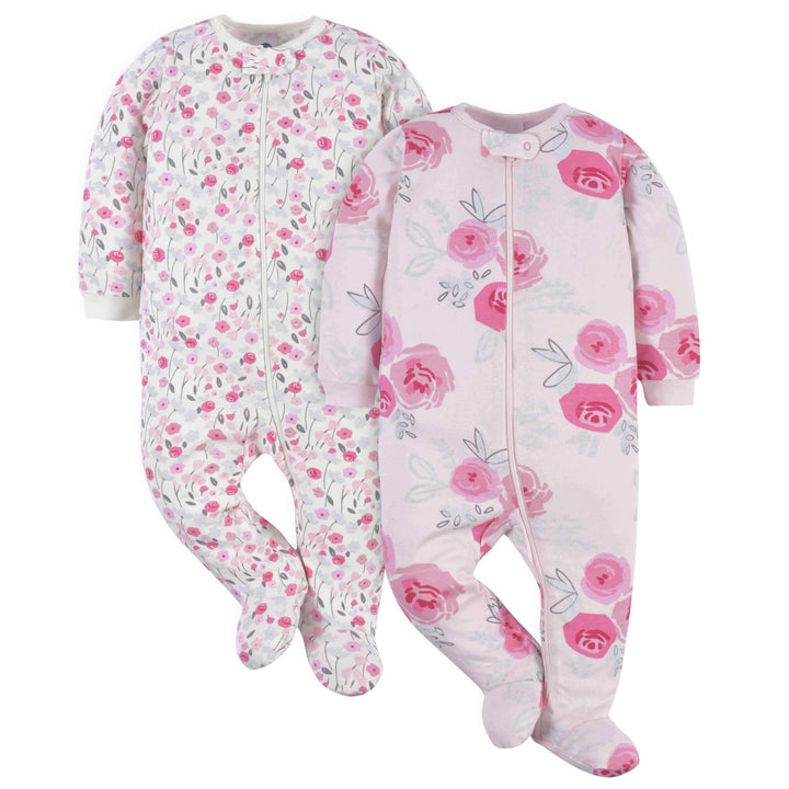 2-Pack Baby Girls Comfy Stretch Roses & Bunnies Sleep 'n Plays-Gerber Childrenswear