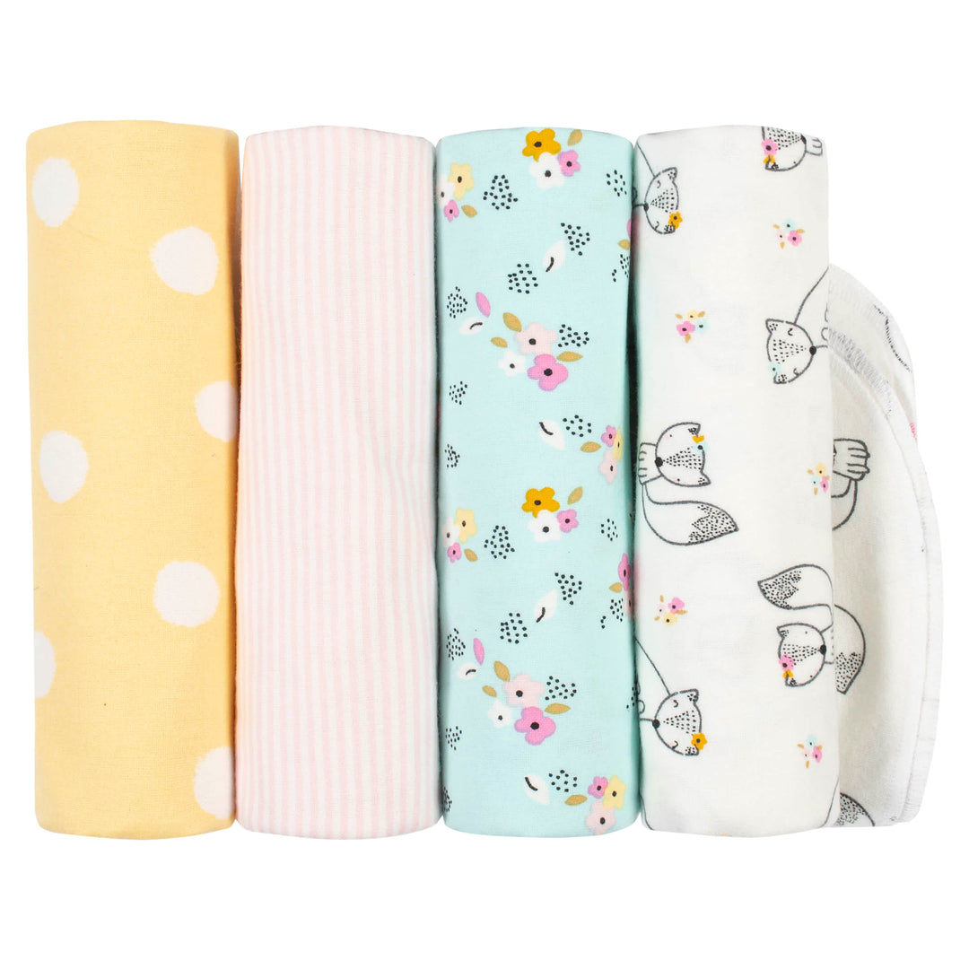 4-Pack Baby Girls Fox Flannel Receiving Blankets