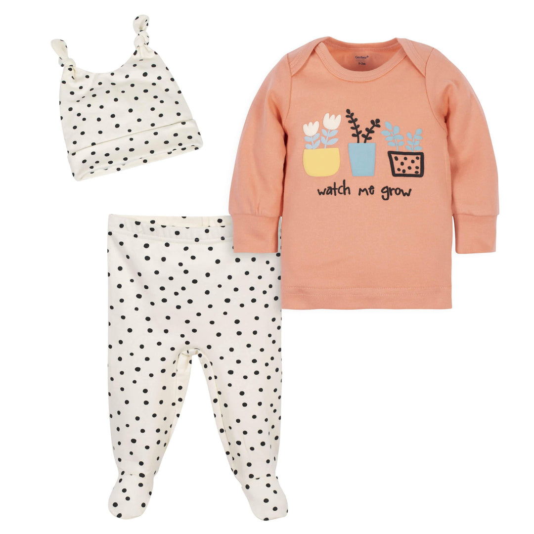 3-Piece Baby Girls Comfy Stretch "Watch Me Grow" Shirt, Footed Pant and Cap Set-Gerber Childrenswear