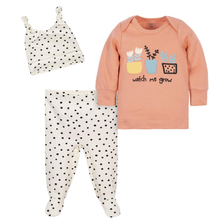 3-Piece Baby Girls Comfy Stretch "Watch Me Grow" Shirt, Footed Pant and Cap Set-Gerber Childrenswear