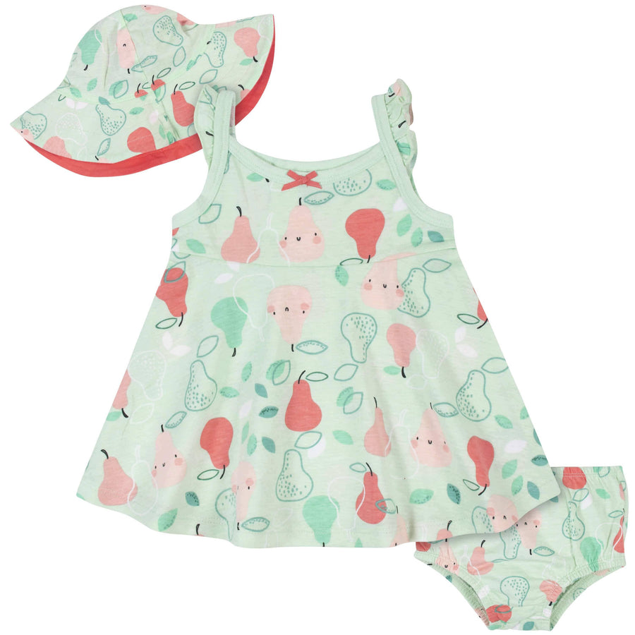 3-Piece Baby & Toddler Girls Pear Dress, Diaper Cover & Sun Hat Set-Gerber Childrenswear