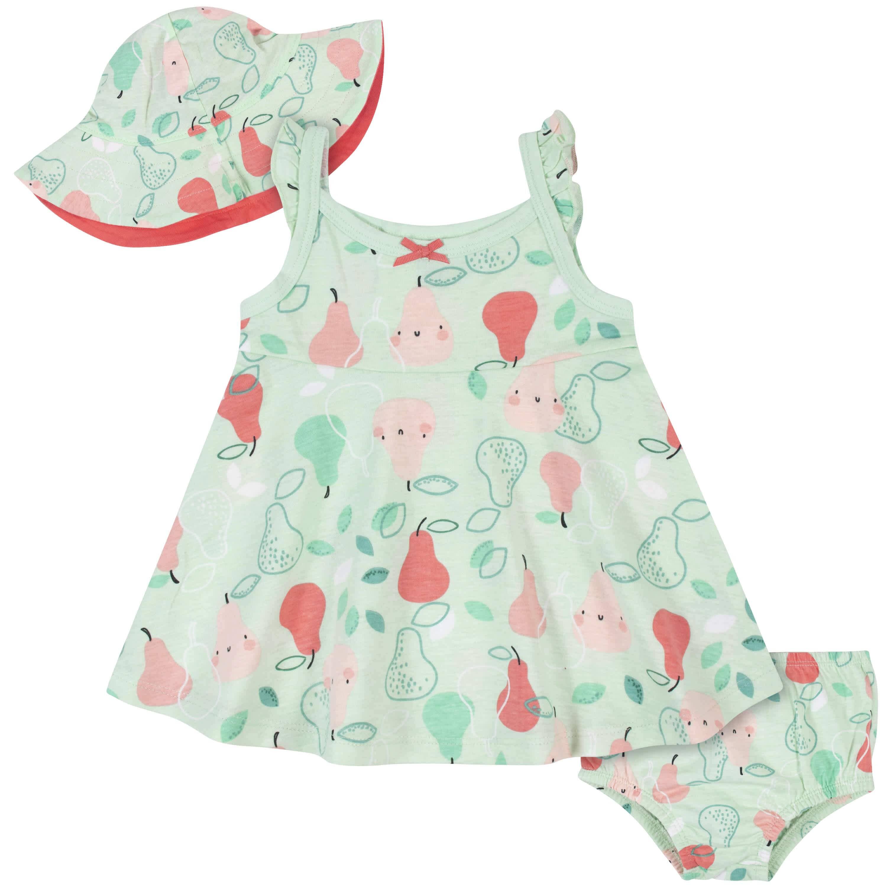 3-Piece Baby & Toddler Girls Pear Dress, Diaper Cover & Sun Hat Set-Gerber Childrenswear