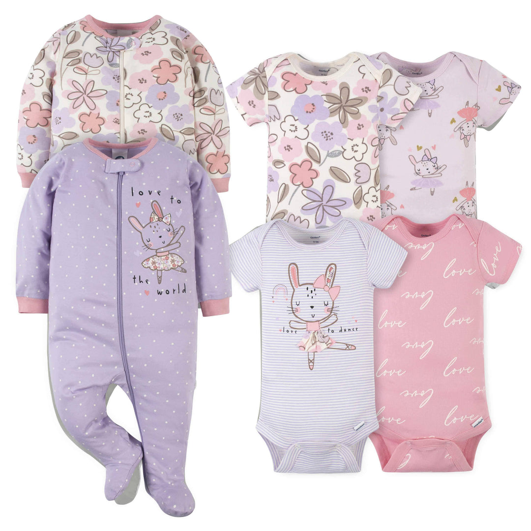 6-Piece Baby Girls Bunny Ballerina Onesies® Bodysuit and Sleep 'N Play Set-Gerber Childrenswear