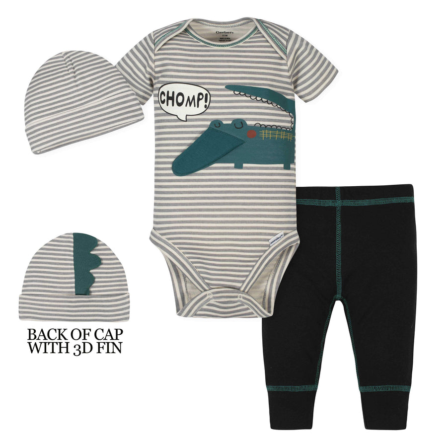 3-Piece Baby Boys Alligator Bodysuit, Pants & Cap Set